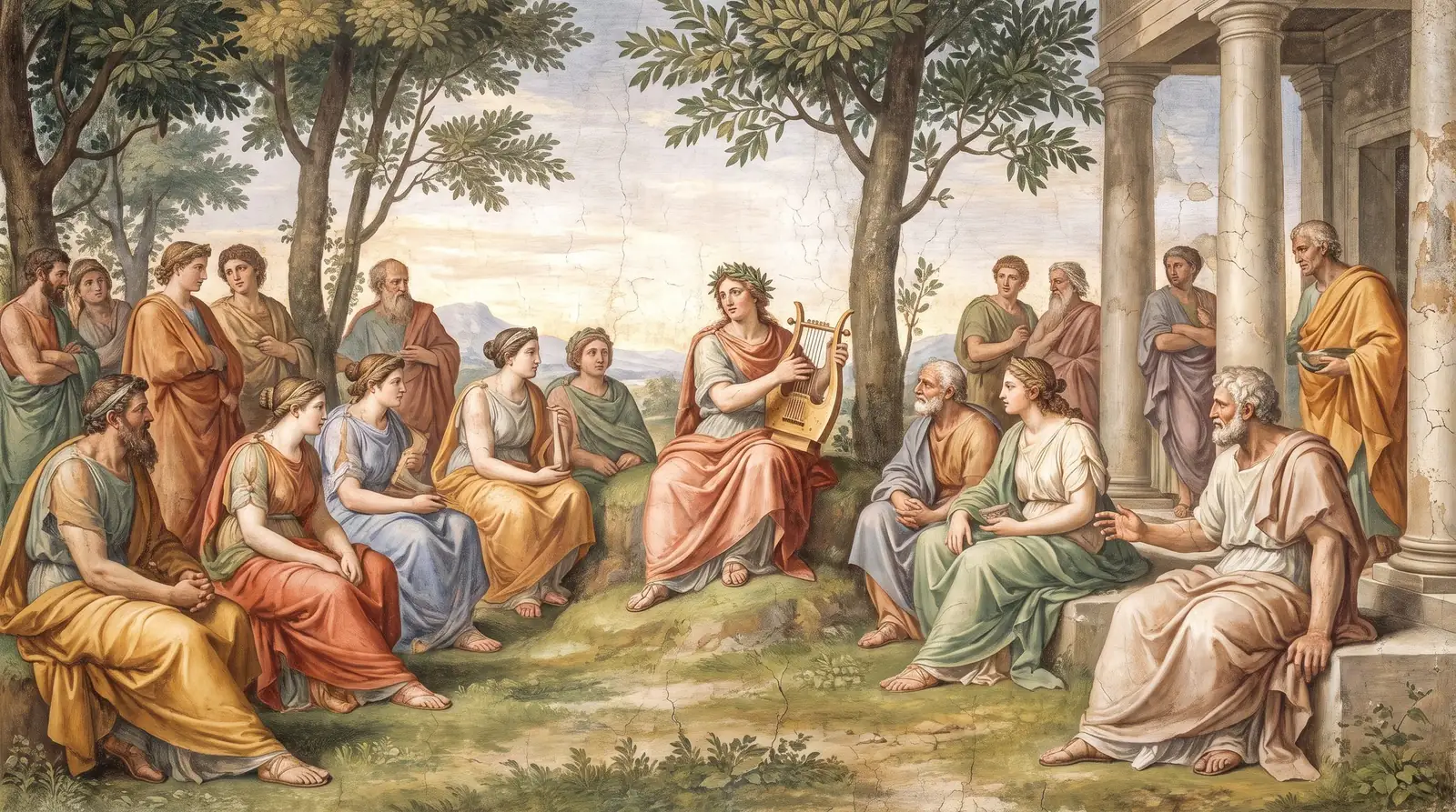 Fresque : Apollon à la lyre entouré des poètes assis en demi-cercle